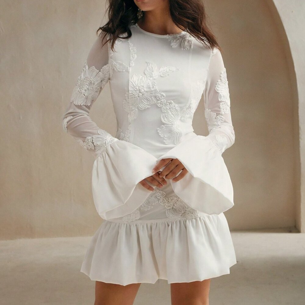 White Elegant Women's French Embroidered Fitted Floral Midi Dress - Picture 4 of 7